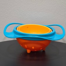360 Rotating Spill Proof Gyro Bowl for Toddlers Blue and Orange Snack Container