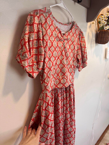 Super Cute Dresses 2XS Cotton Red/White Floral Smocked Puff Sleeve Midi Dress