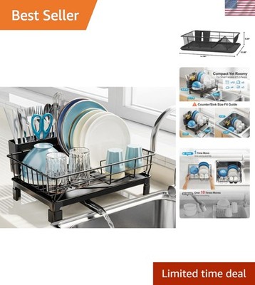 Small Dish Drying Rack for Kitchen Counter with Drainboard - Compact Dish Dra...