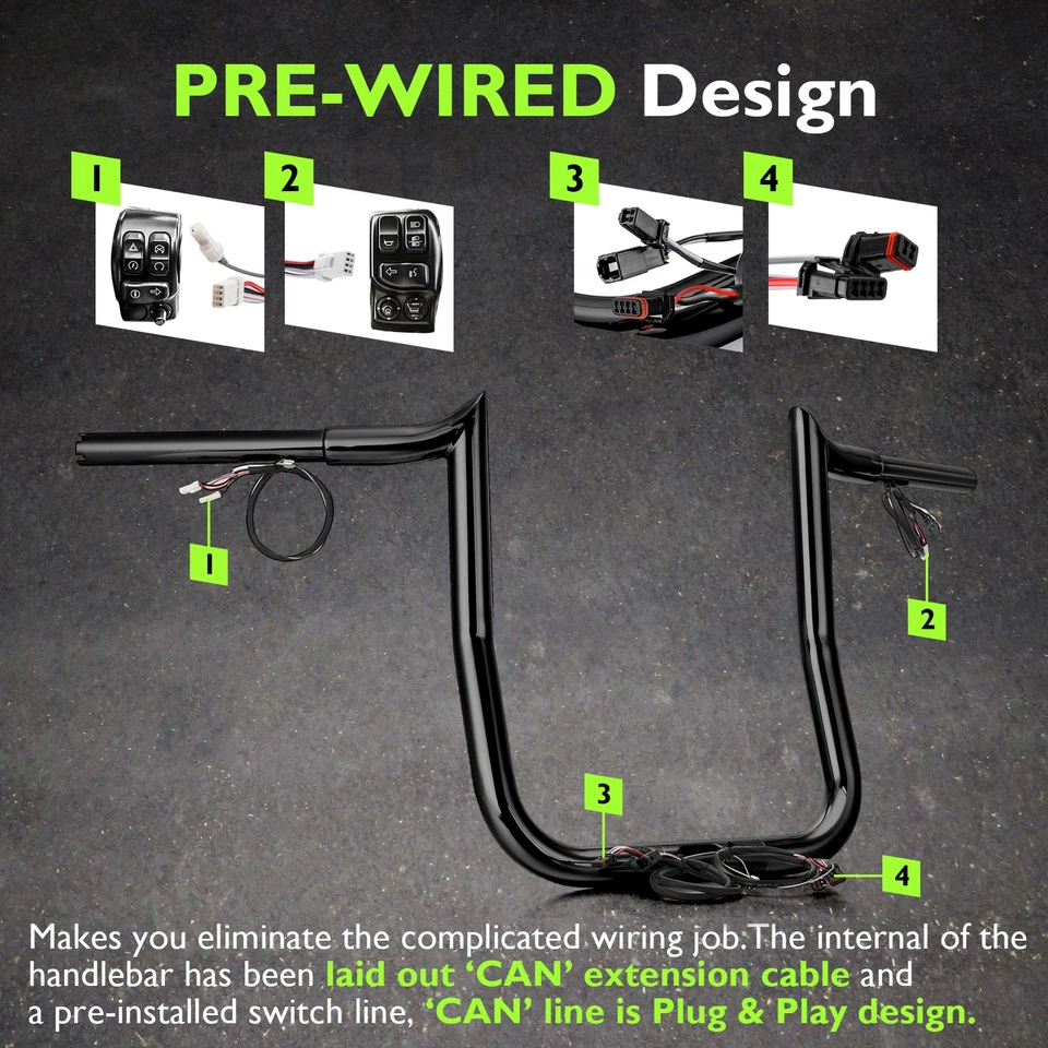 MOFUN 12" Black Steel Bagger Pre-wired Handlebar For Harley Touring Road Glide - Image 3 of 4