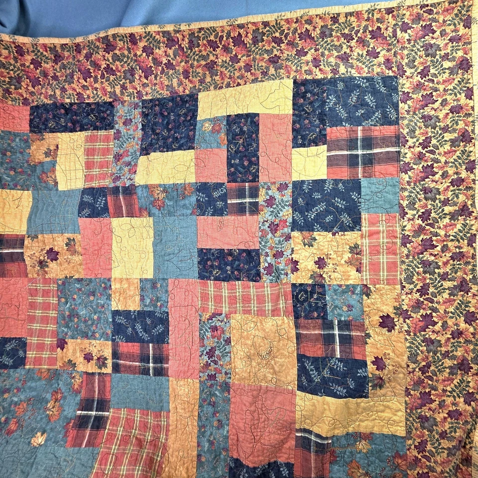 Vintage Patchwork Quilt Autumn Leaves Floral Reversible Trees Bear Blanket 52x76 - Image 3 of 4