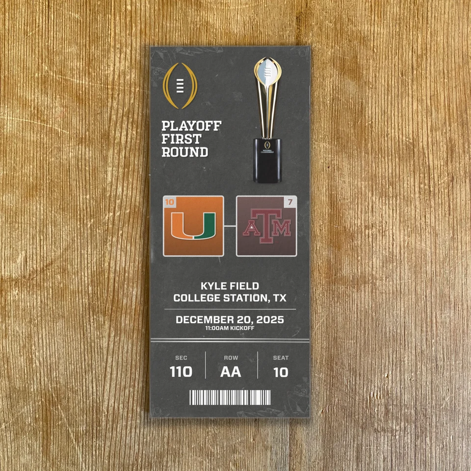 Boleto personalizado de playoffs de fútbol americano universitario Texas A&M vs Miami 2025 cualquier asiento Foto 3 de 4