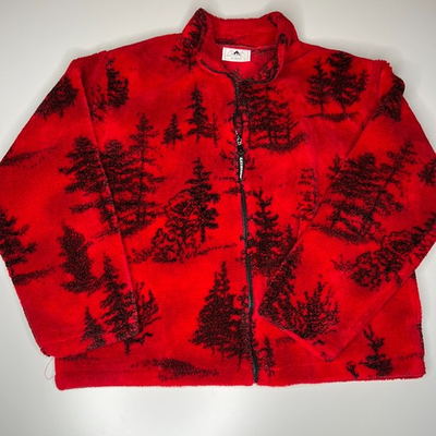 #ad #ad Vintage Black Mountain Outdoor Fleece Jacket 2X Red Black Tree Print Made in USA $50.20