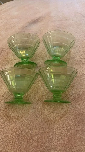 Vintage Anchor Hocking, Block Optic, Uranium Green Glass Cups (Set of 4)