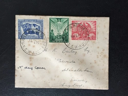 AUSTRALIA 1946 PEACE SET FIRST DAY POSTMARK COVER TO WINDLESHAM GB (FOXING)