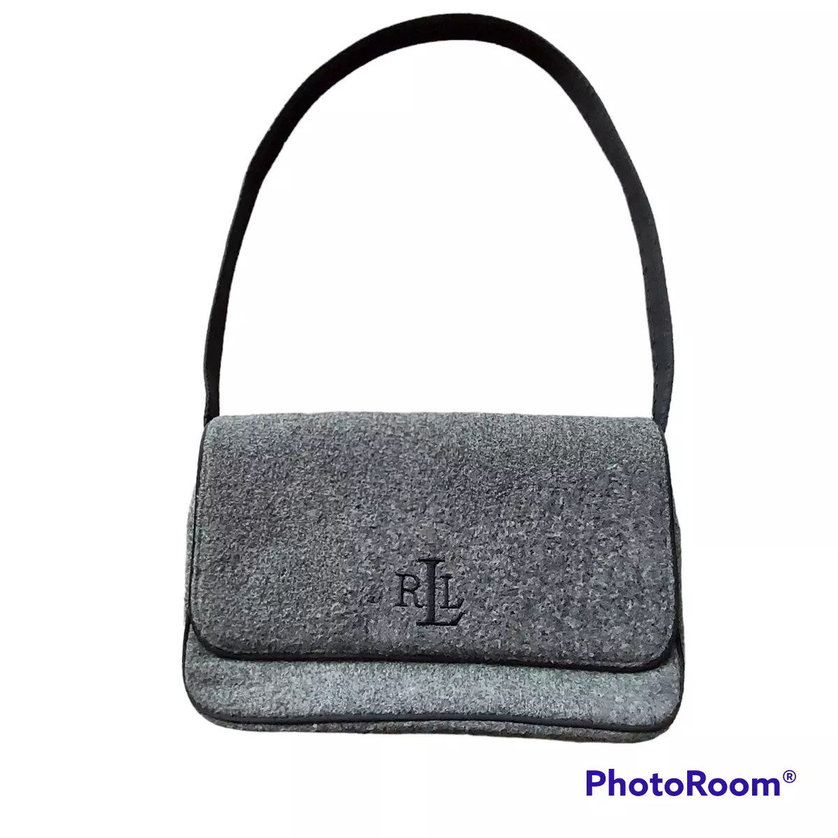 Lauren Ralph Lauren Purse Handbag Wool Viscose Gray Monogram Strap Foldover