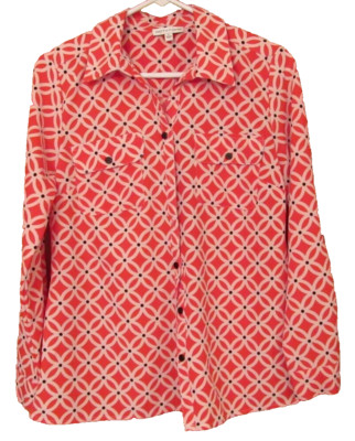 Notations Red White and Black Button Up Blouse with Roll up Sleeves Size Small