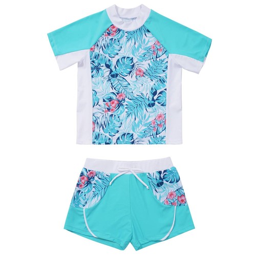 Girls 2 Piece Athletic Tankini Swimsuit Beach Sports Short Sleeve Swimwear - Picture 3 of 45
