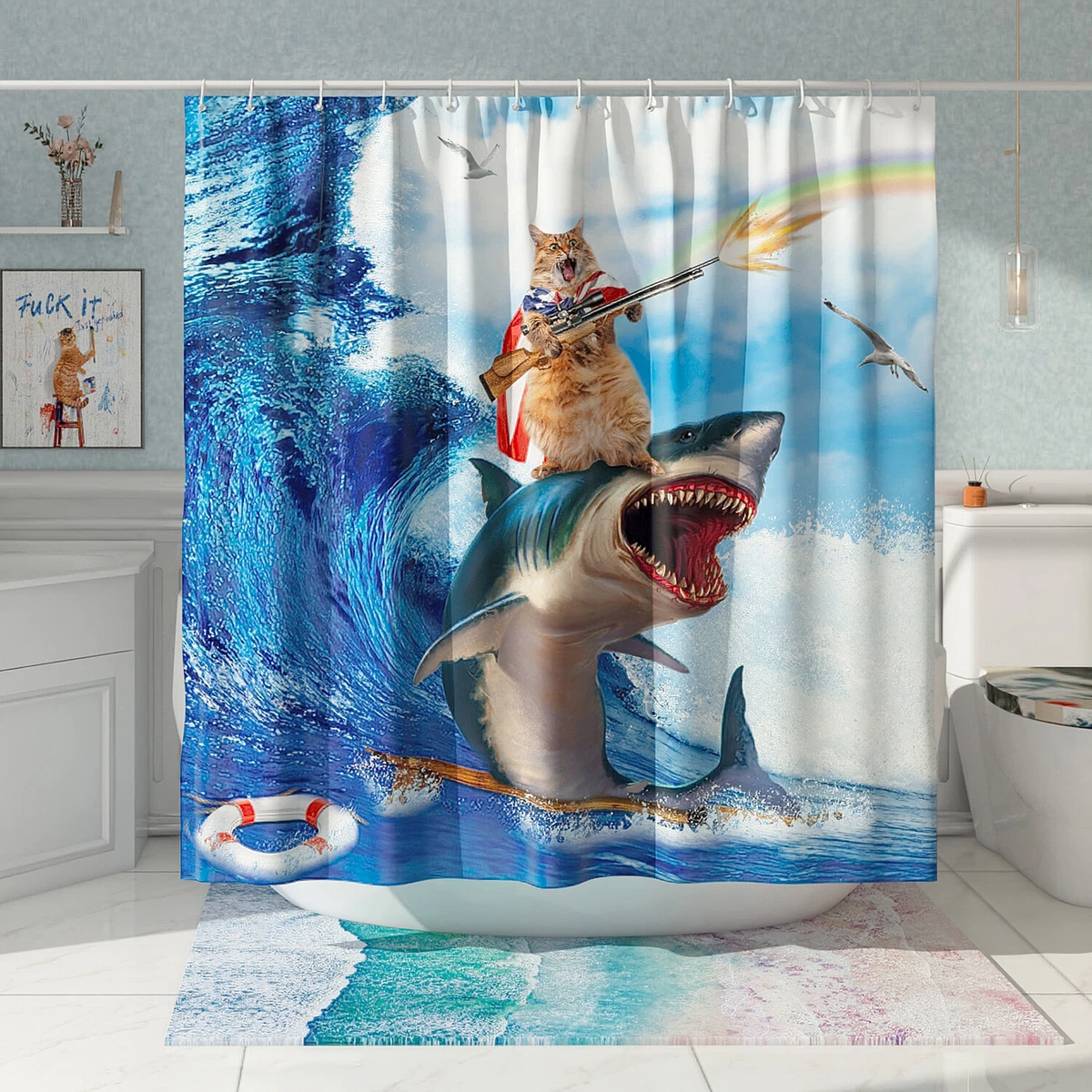 Funny Shower Curtain Cat Ride Shark Home Bathroom Decor 72 72 Inch