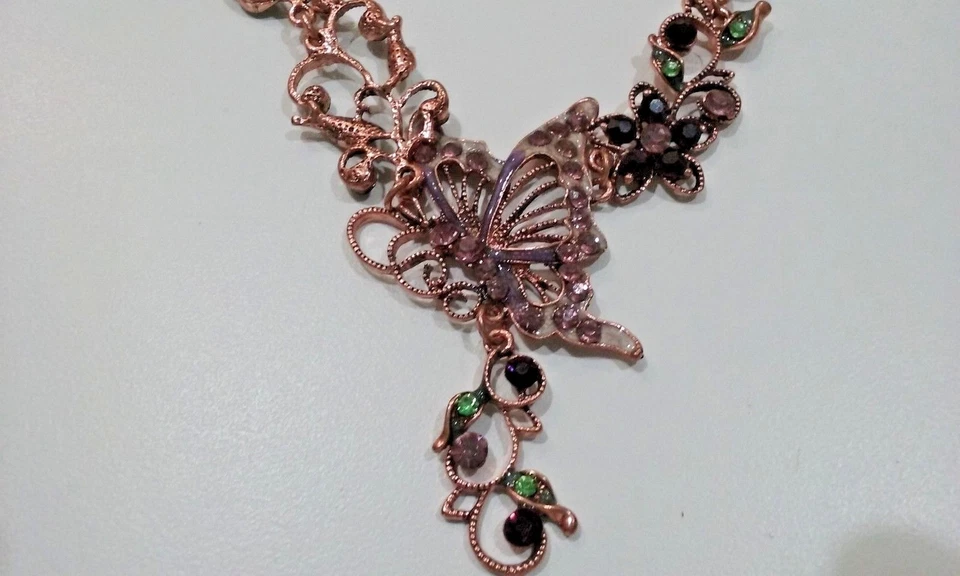 Believer In Cooper Metal Collection Romantic Butterfly And Flower Bib Necklace. - Image 3 of 4