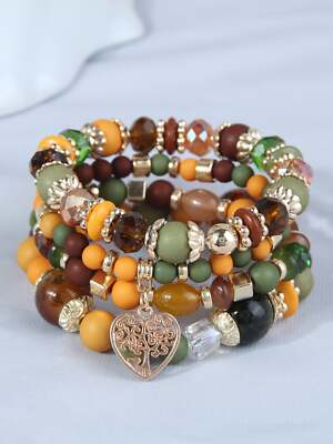 4pcs/set Tree Charm Brown Yellow Green Beaded Bracelet Women Bracelet Stackable