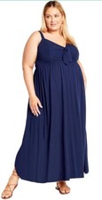 Avenue Women's Plus Size 16 Maxi Evie Dress Navy Front Tie Adjustable Straps