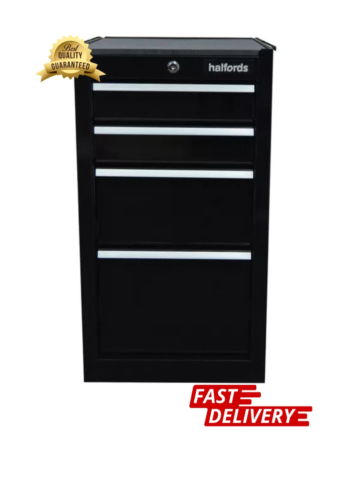 Halfords 4 Drawer Side Tool Cabinet Black Ball Bearing Drawers Brand New