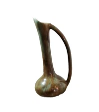 POTTERY (Brown Glaze Over Aqua) Ewer PITCHER With Handle 8"  1970s MCM