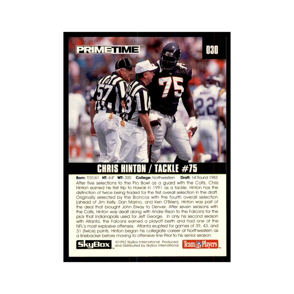 1992 SkyBox Primetime Chris Hinton Falcons #030 - Image 2 of 3