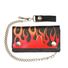 Men's Black Leather Chain Wallet Red Flames Bi-Fold For Bikers - USA Made 6 Inch