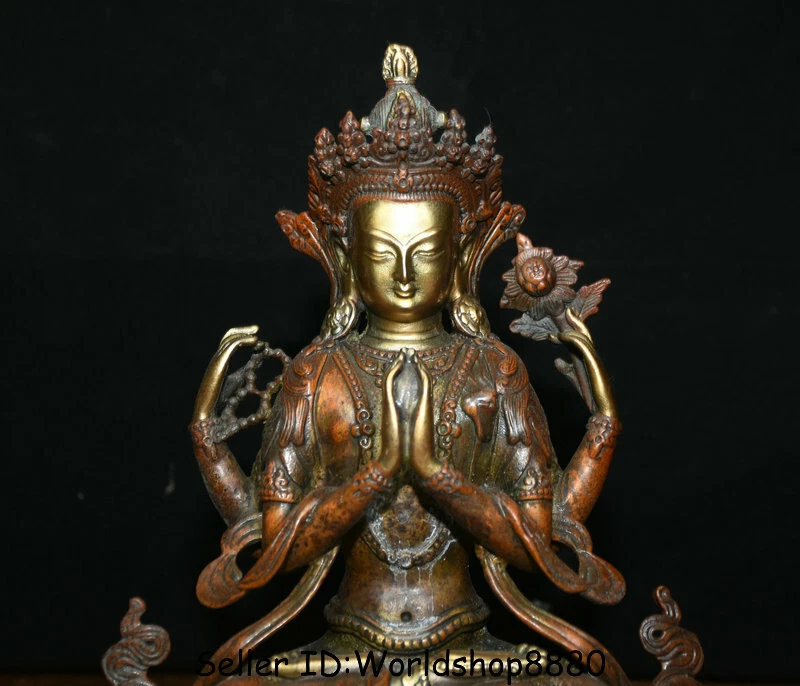 9.2" Antiguo Tíbet Rojo Cobre Dorado 4 brazos Chenrezig Buda Avalokiteshvara Estatua Foto 2 de 4