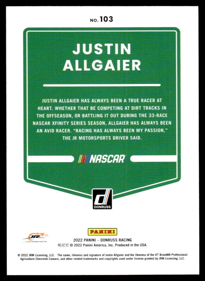 Justin Allgaier 2022 Panini Donruss Racing # 103 Blue 46/199 - Image 2 of 2