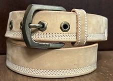 VTG Timberland Lt Brown Leather Belt Sz 30 1-3/8  Wide Logo Bkl Stitched GUC