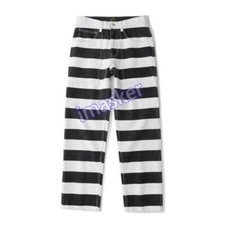 Unisex Black White Stripe Pants Prisoner Retro Heavy Canvas Work Casual Trousers