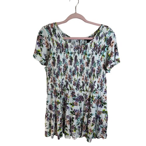 Torrid Blouse Womens size 1 (1X) Floral Purple Crinkle Gause Smoked Baby Doll - Picture 2 of 10