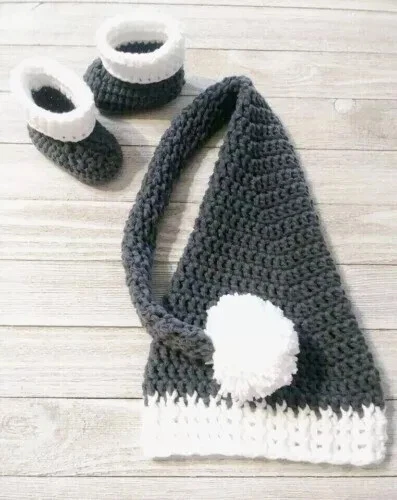 Hecho a mano ganchillo bebé sombrero botines foto utilería cola larga NB 0/3 meses gris 2 piezas Foto 2 de 2