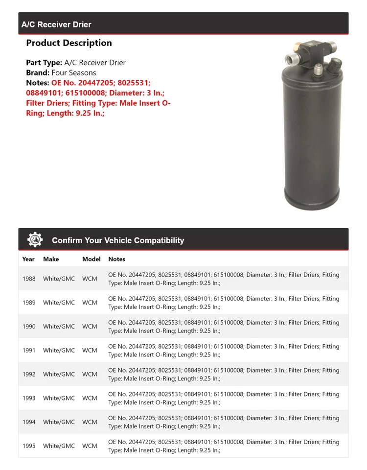 Приемник сушилка для кондиционера 1988-1995 White/GMC WCM 4 сезона 1989 1990 1991 1992 - Изображение 2 из 4