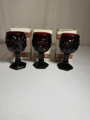 SET OF 3 VINTAGE AVON 1876 CAPE COD COLLECTION RUBY RED WINE GOBLETS WITH BOXES