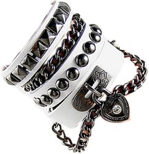 2Pcs Punk Layered Spike Rivet PU Leather Bangle Bracelet Set Gothic Adjustable H