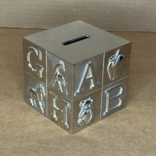 Vintage Silver Plate Children's Alphabet Coin Piggy Bank Metal Cube Pre-owned