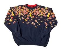 VTG AU Art Unlimited Sweater AOP Large Navy Blue Leaf Leaves Graphic USA Made 90