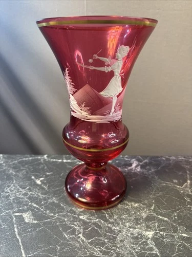 Vintage Fenton Mary Gregory Hand Painted Cranberry Art Glass Vase 1970's Girl