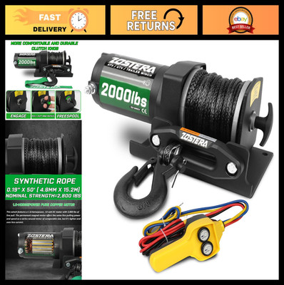 2000lb Electric ATV Winch 12V - Waterproof Towing Winch with Synthetic Rope & Re