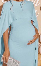 Maternity Maxi Dress S Blue Solid Jersey Stretch Cape Overlay Round Neck