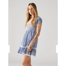 UO Marseille Gingham Smocked Mini Dress Blue Cotton Sz XS
