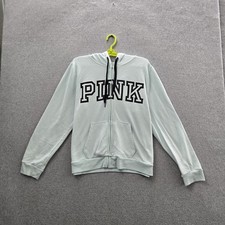 Victoria's Secret PINK Women Hoodie XL Light Blue Text Activewear Zipper