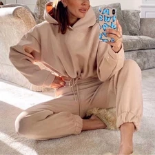 Winter Tracksuit Women Two Piece Set - Oversized Hoodie Sweatpants Solid Color S