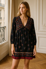 Sézane Floral Boho Tiered Long Sleeve Dress Size 42(FR)/US 10-12 Navy & Burgundy