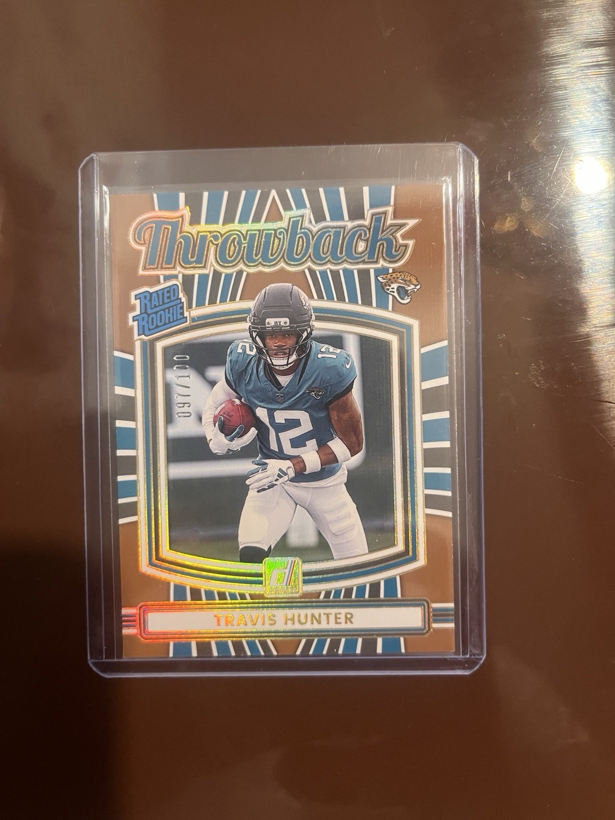 2025 Panini Donruss Rated Rookie Throwback Travis Hunter Card #097/100
