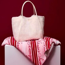 Victoria's Secret Cozy Blanket Throw and Faux Fur Tote Bag Set - White Pink