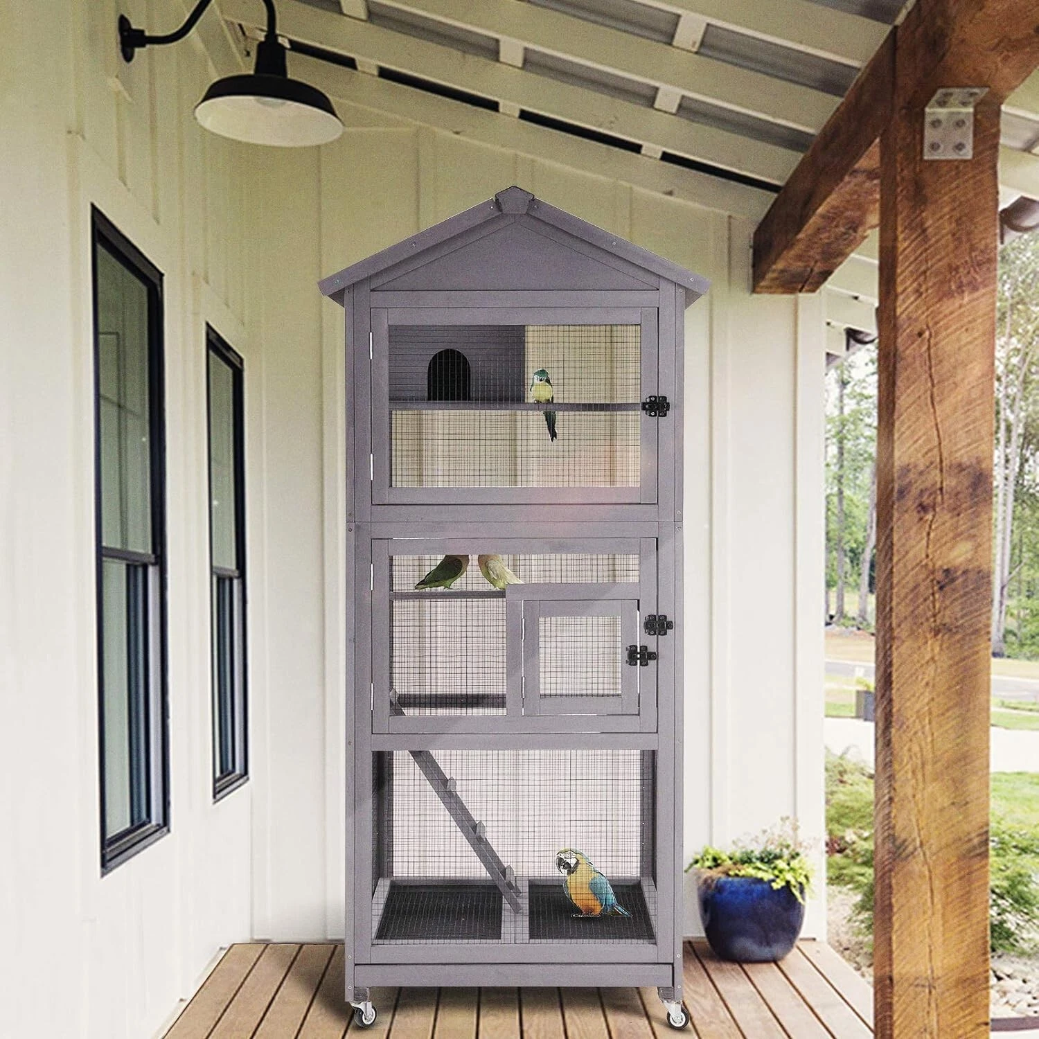 Outdoor Bird Aviary Wooden Large Bird Cage on Wheels, Featuring Play Stand