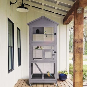 Outdoor Bird Aviary Wooden Large Bird Cage on Wheels, Featuring Play Stand
