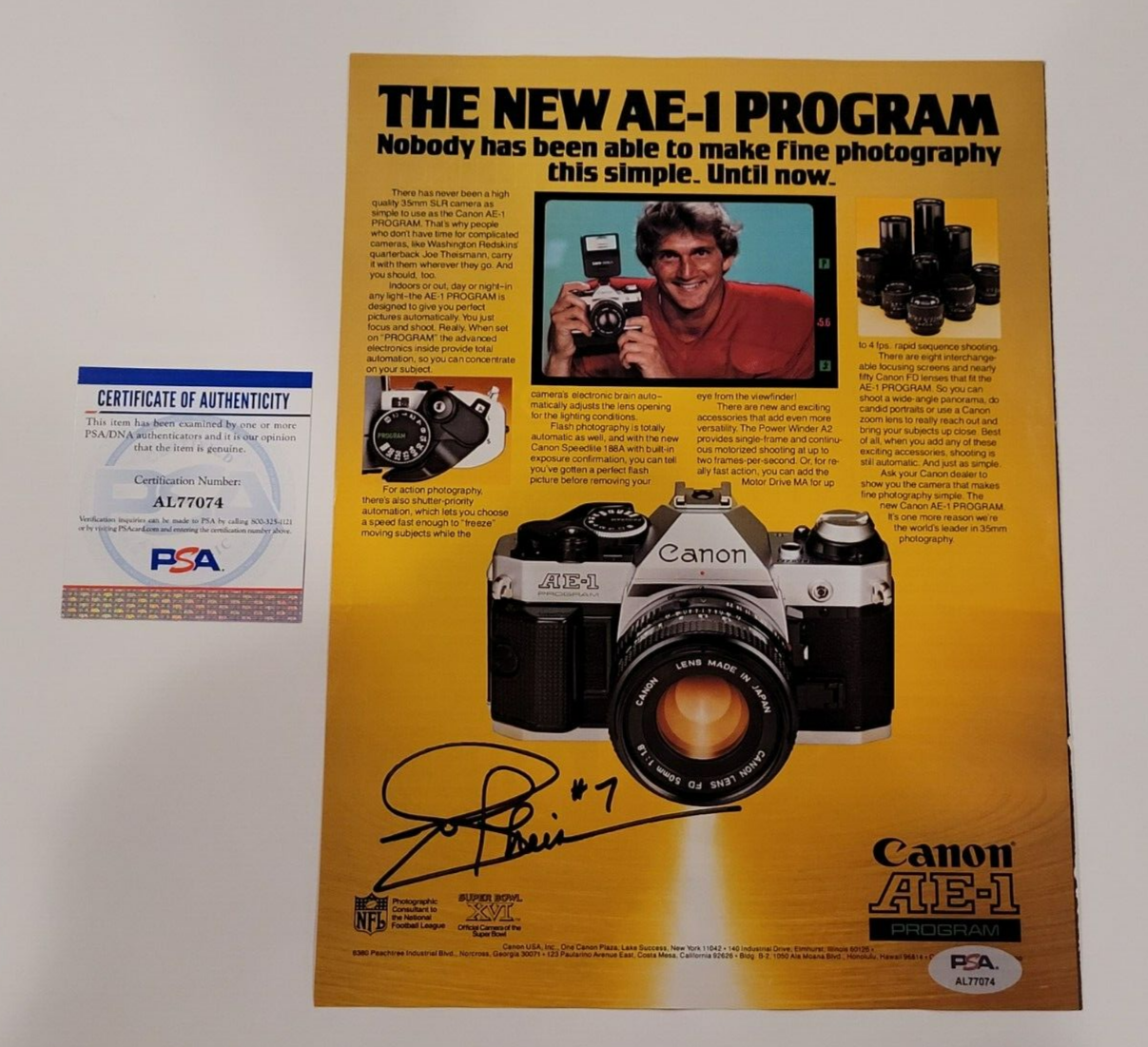 Joe Theismann Autographed Signed 1980's Cannon Advertisement-WASHINGTON REDSKINS-PSA 