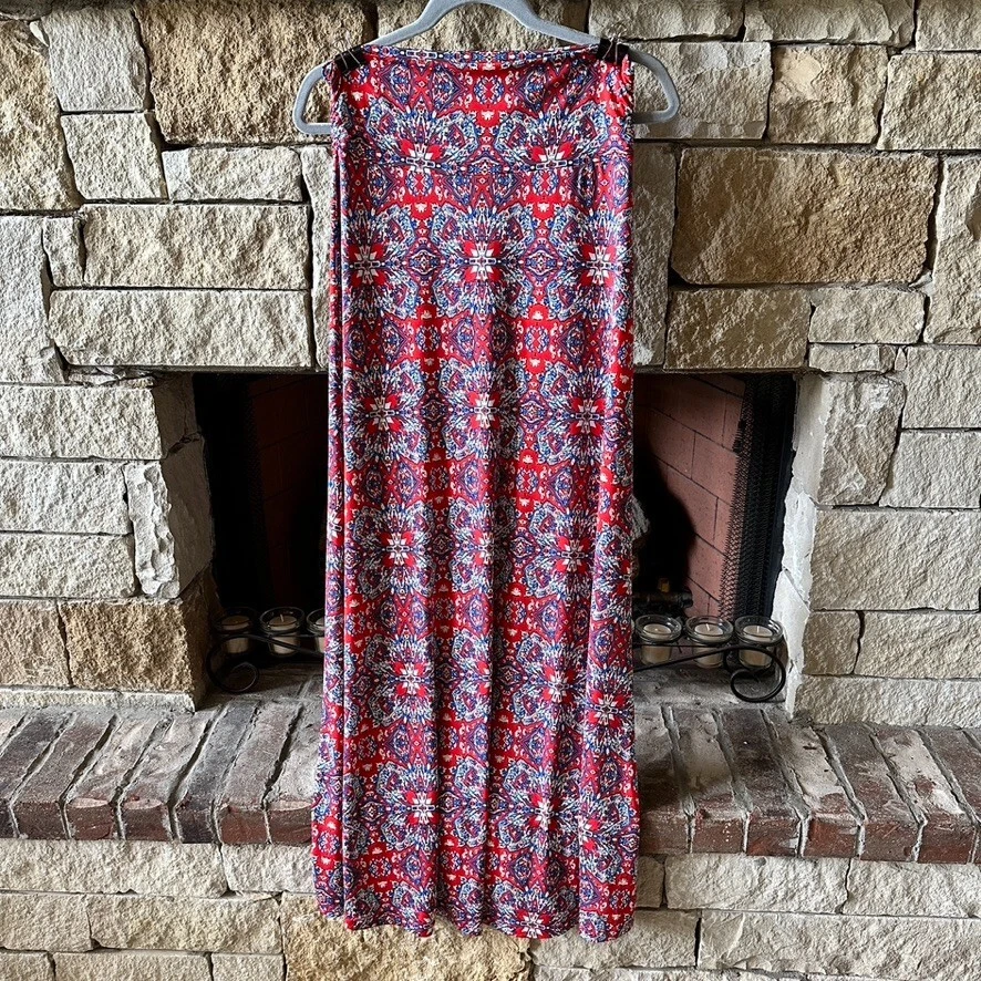 GILLI Morgana Maxi Skirt Red White Blue Graphic Tile Print Stitch