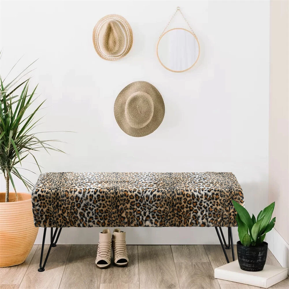 Modern Mink Footstool Vanity Bench Leopard Furry Faux Fur Stool with Black Legs image 16