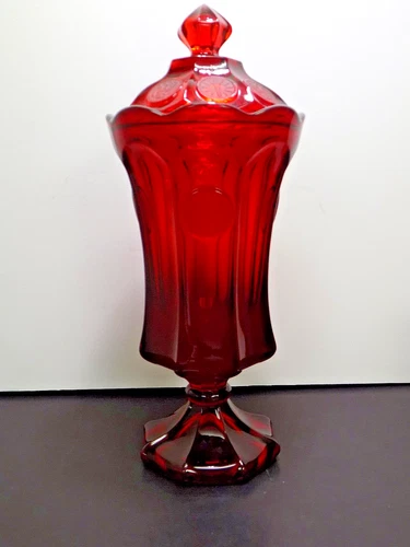 FOSTORIA COIN RUBY RED GLASS 13" EAGLE TORCH FOOTED URN