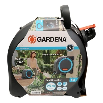 NEW Gardena Garden Watering Hose Pipe Fittings Wall/Floor Dual Hose Reel & Pipe