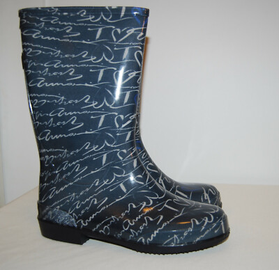 NIB Armani Junior Big Girls Wm's Blue I Love Armani Print Rain Boots US 9 EUR 40