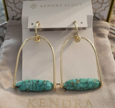 NWT Kendra Scott Sassy Statement Earrings Gold Bronze Veined Teal