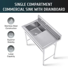 WILPREP 40" Commercial Kitchen Utility Sink Prep Table Stainless w Workbench